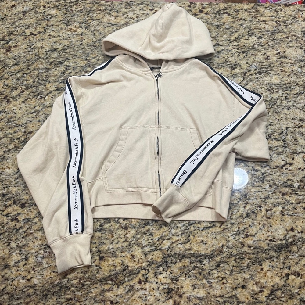 Abercrombie & Fitch Womens Logo Tape Full Zip Cropped Hoodie Beige Cream Small